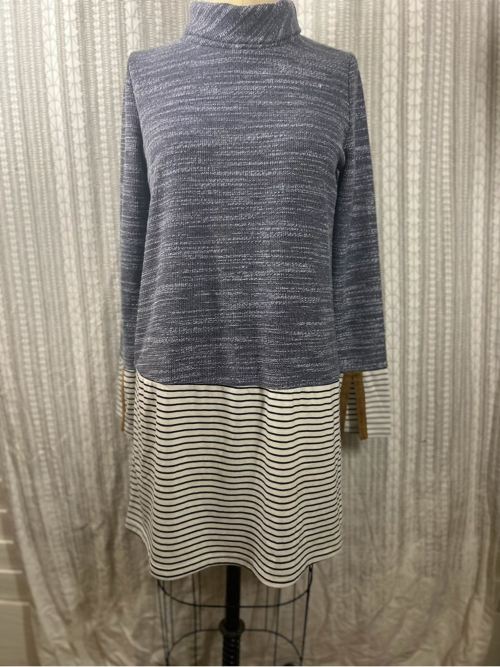 THML Blue Knit Top with Cream Striped Skirt Long Sleeve Dress